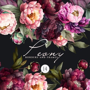 Clipart pivoines violettes, Clipart fleurs Boho, bordures florales automne, fleurs Boho élégantes, Clipart floral aquarelle, pivoine Bourgogne PNG
