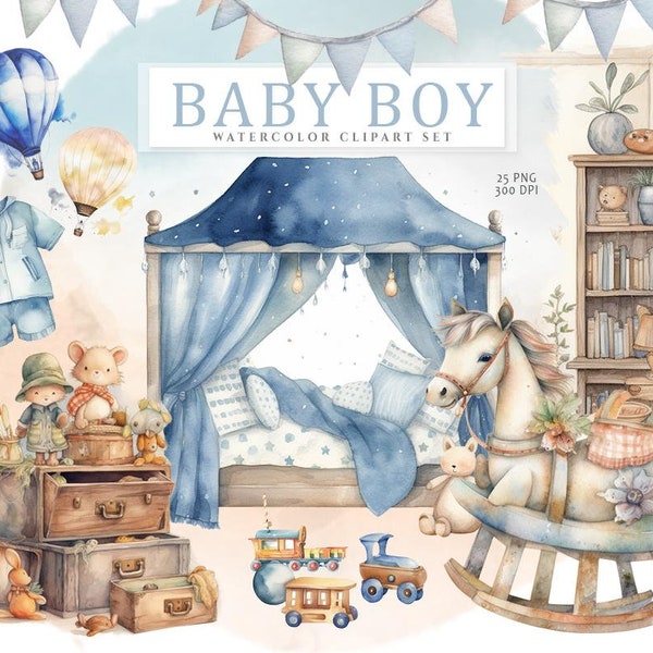 Watercolor baby boy clipart, Newborn baby, Nursery clipart, Baby decor, Nursery room clipart, It's a boy clipart, Watercolor baby shower PNG