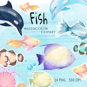 Watercolor Fish Clipart, Sea Life Clipart, Tropical Fish, Nursery Art, Nautical Whale, Ocean Animals Clip Art, Dolphin, Baby Shower, PNG
