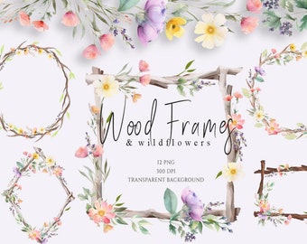 Wooden Frames Clipart, Forest Frames, Watercolor Wood Frames, Wild Flowers Clipart, Floral Frames, Tree Border, Branche, Twig Wreath Clipart