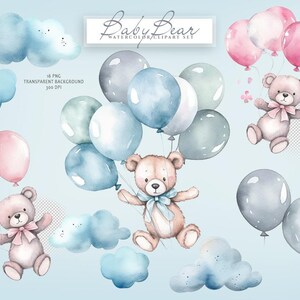 May include: Watercolor clipart set of baby bears holding balloons. The bears are brown with blue and pink ribbons. The balloons are blue, pink, and gray. The background is light blue with clouds.