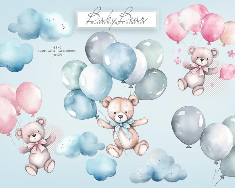 May include: Watercolor clipart set of baby bears holding balloons. The bears are brown with blue and pink ribbons. The balloons are blue, pink, and gray. The background is light blue with clouds.