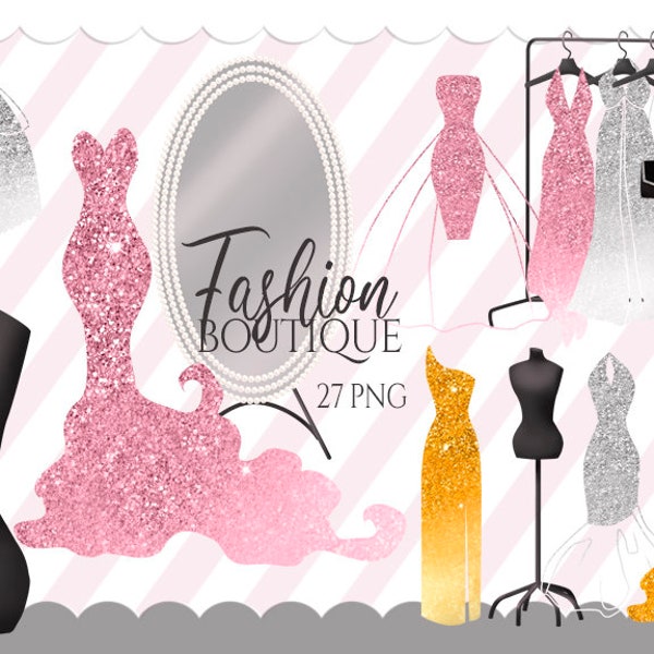 Fashion Boutique Clip Art, Glitter Dress Clipart, Glamour Clipart, Bridal Clipart, Mannequin Clipart, Dress Form Clipart, Hanger Clipart PNG