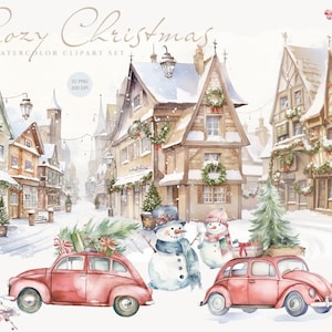 Watercolor Christmas Clipart, Cozy Winter Clipart, Christmas Landscapes, Village Scenes, Christmas Town, Winter Holidays Clipart, Xmas, PNG