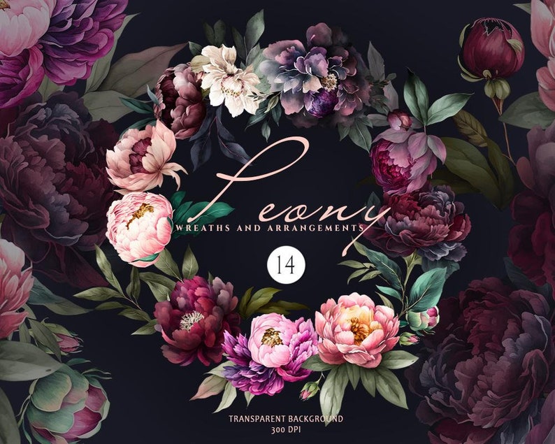 May include: A wreath of dark pink, purple, and white peonies with green leaves on a black background. The text "Peony Wreaths and Arrangements 14" is in the center of the wreath. The text "Transparent Background 300 DPI" is at the bottom of the image.