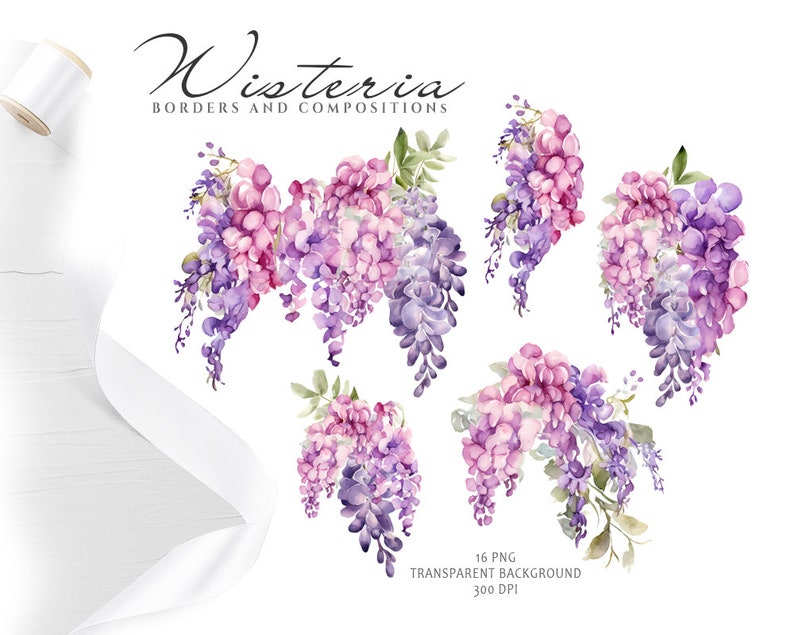 May include: A set of 16 watercolor illustrations of wisteria flowers in shades of purple and pink. The flowers are arranged in various compositions, perfect for creating borders or adding a touch of floral beauty to your designs.