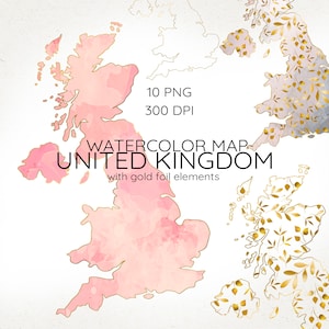 Aquarell Großbritannien Karte, Blumen Karten Clipart, Rosa UK Karte, Großbritannien Karte, Kartengrafiken, Farbkarte Clip Art, Goldfolien Blätter, PNG