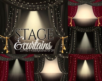 Curtains Clipart, Scene Clip Art, Curtain Digital Backdrop, Burgundy Drapes, Stage Curtains Overlays, Curtains Background, Theater Graphics