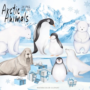 Imágenes prediseñadas de animales del Ártico, animales de invierno en acuarela, baby shower, morsa, pingüino, oso polar, foca linda, animal del norte, decoración de guardería