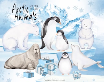 Arctic Animals Clipart, Watercolor Winter Animals, Baby Shower, Walrus, Penguin Clip Art, Polar Bear, Cute Seal, North Animal, Nursery Decor