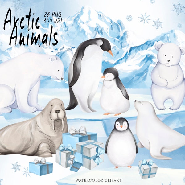 Clipart d’animaux arctiques, aquarelle animaux d’hiver, baby shower, morse, pingouin clip art, ours polaire, phoque mignon, animal du nord, décor de pépinière