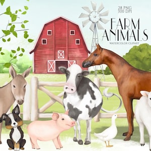 Cute Farm Animals Clipart, Watercolor Country Animals, Ranch, Windmill, Livestock Animals, Barn, Pig, Cow, Lamb, Goose, Dog, Horse, PNG