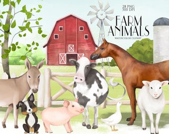 Cute Farm Animals Clipart, Watercolor Country Animals, Ranch, Windmill, Livestock Animals, Barn, Pig, Cow, Lamb, Goose, Dog, Horse, PNG