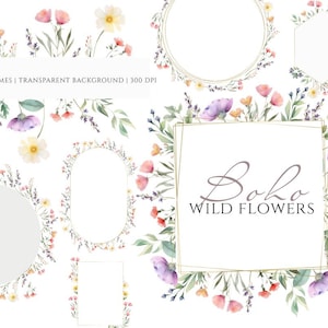 Wild Floral Frames Clipart, Boho Floral Frame, Watercolor White Flowers Clipart, Wreath Clipart, Borders, Vintage Flower Clipart, Gypsophila
