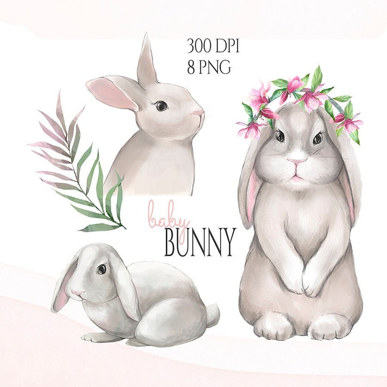 K&ouml;nnte beinhalten: Drei Aquarell-Illustrationen von Babykaninchen. Ein Kaninchen sitzt mit gekreuzten Pfoten und tr&auml;gt eine rosa Blumenkrone. Ein anderes Kaninchen sitzt mit geneigtem Kopf. Das dritte Kaninchen liegt mit dem Kopf auf den Pfoten. Der Text "baby bunny" ist in rosa unter den Kaninchen geschrieben.