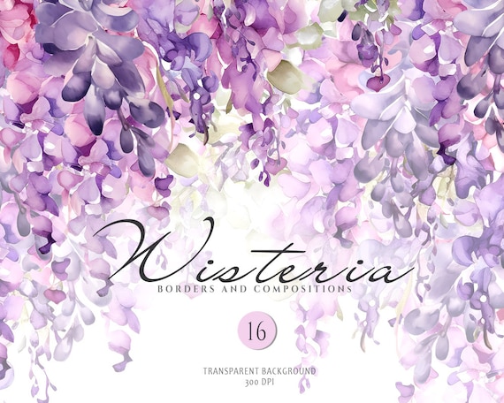 Watercolor Wisteria Clipart, Purple Pink & Blue Wisteria Flowers Clipart, Wisteria Borders, Floral Frame Clipart, Elegant Violet Flowers PNG