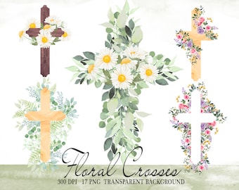 Easter Cross Clipart, Watercolor Greenery Floral Cross Clip Art, First Communion, Wood Cross, Flowers, Leaves, Baptism, Religion Crosses PNG