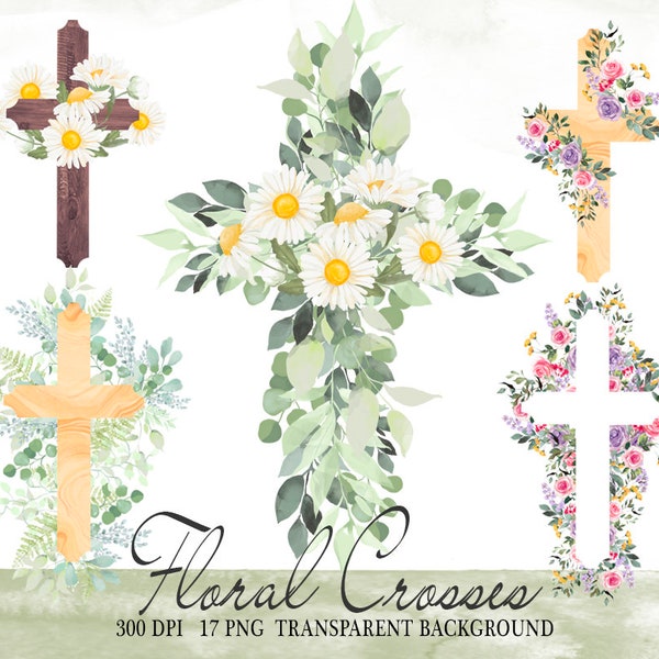 Easter Cross Clipart, Watercolor Greenery Floral Cross Clip Art, First Communion, Wood Cross, Flowers, Leaves, Baptism, Religion Crosses PNG