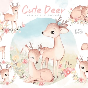 Clipart di cervi ad acquerello, cervi del bosco, clipart di cuccioli, cervi della scuola materna, animali della foresta, cervi carini, piccolo cerbiatto, illustrazione per baby shower