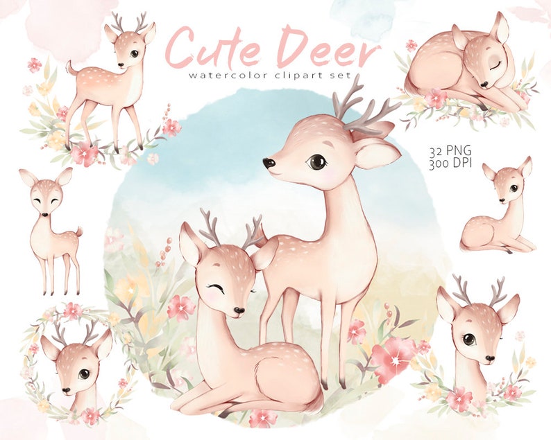 Watercolor Deer Clipart, Woodland Deer, Baby Animals Clipart, Nursery ...