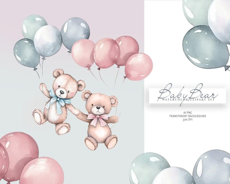 May include: Two watercolor teddy bears holding balloons. The bears are brown with blue and pink ribbons. The balloons are pink and blue. The image is labeled "Baby Bear Watercolor Clipart Set 16 PNG Transparent Background 300 DPI".