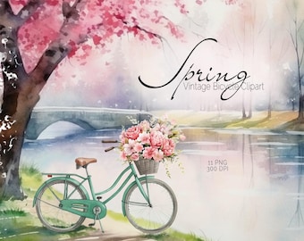 Watercolor Bicycles Clipart, Vintage Bicycle with Basket of Flowers, Spring Floral Elements, Boho Flowers Clipart, Lake Spring Landscape PNG