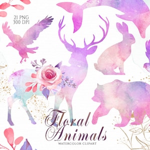 Watercolor Floral Animals, Silhouettes Clipart, Forest Animals, Flowers, Rabbit, Bear, Floral Deer, Bunny, Fox, Woodland Nursery Decor, PNG