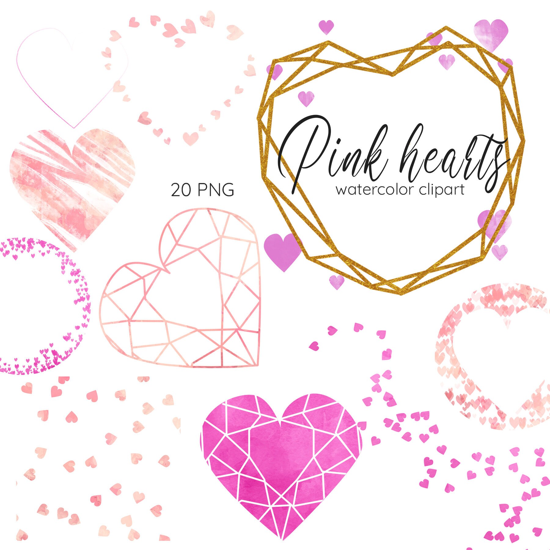 Valentines Day Clipart, Pink Heart Clip Art, Watercolor Hearts Clipart ...