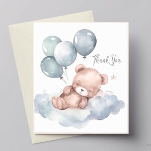 May include: A watercolor illustration of a brown teddy bear sleeping on a blue cloud with blue and green balloons. The text "Thank You" is written in black lettering.
