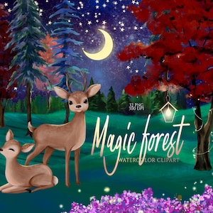 Aquarel nacht bos clipart, boslandschap, pijnbomen clipart, herten, bosscène, natuur clipart, meer, nachtelijke hemel, fantasiebos