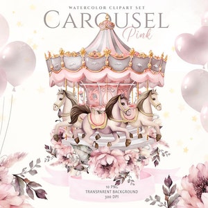 Aquarela rosa carrossel clipart, Bebê recém-nascido, Berçário clipart, Cavalo carrossel, Chá de bebê aquarela, Berçário carrossel, Carnaval clipart