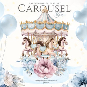 Aquarela azul carrossel clipart, Bebê recém-nascido, Berçário clipart, Cavalo carrossel, Chá de bebê aquarela, Berçário carrossel, Carnaval clipart