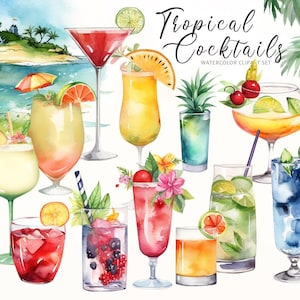 Clipart cocktail aquarelle, clipart boissons alcoolisées, cocktail tropical de plage, clipart menu bar, clipart fête d'été, illustrations cocktail