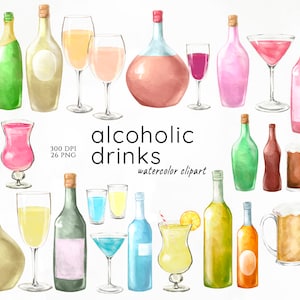 Alcohol Drinks Clip Art, Watercolor Cocktails Party, Bottles Clipart, Drink Graphics, Beer Clipart, Margarita, Wine Glasses, Champagne PNG