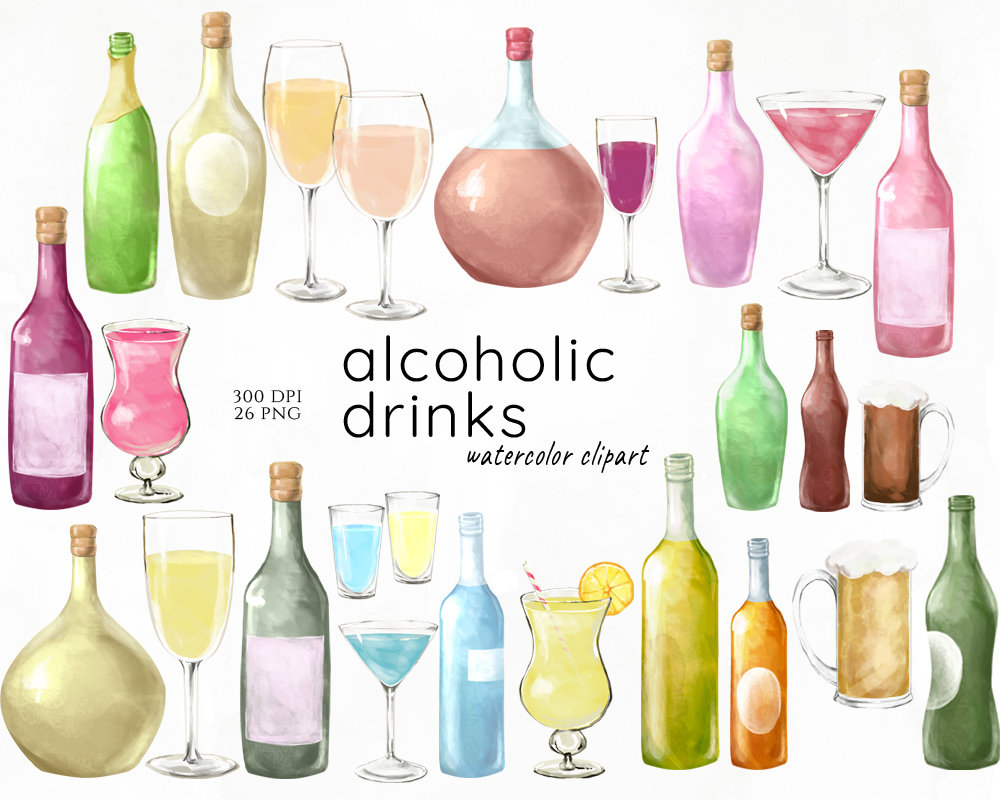 Download Alcohol Drinks Clip Art Watercolor Cocktails Party Bottles Etsy