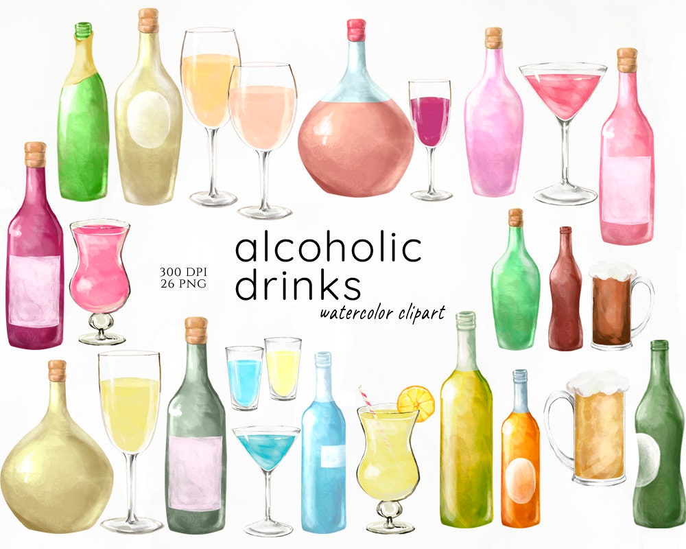 Download Alcohol Drinks Clip Art Watercolor Cocktails Party Bottles Etsy