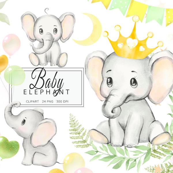 Cute Elephant Clipart, Watercolor Elephant, Nursery Clip Art, Baby Elephant illustration, Watercolor Little Animals, Baby Shower Decor, PNG