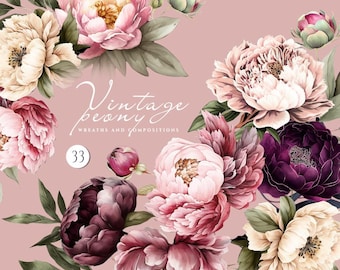 Blush rosa Pfingstrosen Clipart, Boho Blumen Clipart, florale Elemente des Sommers, Aquarell Blumen Clipart, Ranunkel Clipart, Burgunder Pfingstrose PNG