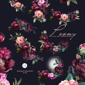 May include: A digital illustration of 14 floral arrangements featuring pink and burgundy peonies with green leaves. The text "Peony Wreaths and Arrangements" is displayed in a pink font.