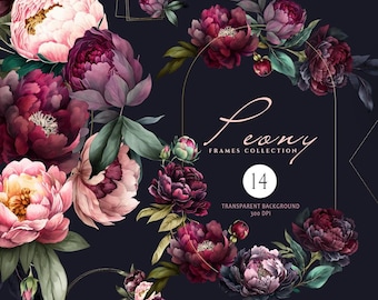 Watercolor Floral Clipart, Purple Peonies Clipart, Boho Flowers Clipart, Autumn Floral Frames, Elegant Bohemian Flowers, Burgundy Peony, PNG