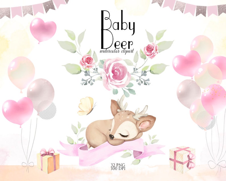 Cute Deer, Girl Baby Deer Clipart, Little Animals, Watercolor Deer, Woodland Baby Shower, Fawn Clip Art, Nursery Decor, Floral Deer, PNG image 3