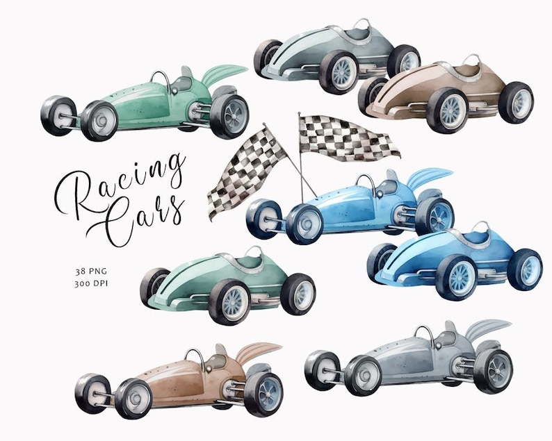 Watercolor cars clipart, Newborn baby boy, Nursery clipart, Baby decor, Nursery room clipart, Vintage racing cars clipart, Baby shower, PNG image 4