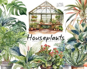 Watercolor House Plants Clipart, Potted Plans Clipart, Boho Houseplants, Indoor Flowers Clipart, Home Garden Clipart, Watercolor Plants, PNG