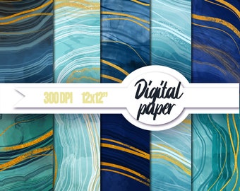 10 Agate textures with gold veins, Ocean digital paper clipart, Stone textures, Navy blue watercolor agate, Deep blue digital paper