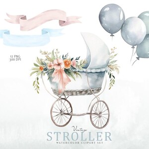 May include: Vintage watercolor illustration of a baby stroller with a floral arrangement and blue and gray balloons. The stroller is white with a wicker basket and has a pink ribbon on the handle. The text "Vintage Stroller Watercolor Clipart Set" is at the bottom of the image.