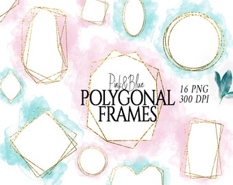 Watercolor Polygonal Frames, Pink Geometric Frames, Crystal Frame Clipart, Blue Digital Frame, Watercolor Brush Strokes, Frame overlays, PNG