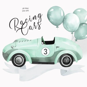 Watercolor cars clipart, Newborn baby boy, Nursery clipart, Baby decor, Nursery room clipart, Vintage racing cars clipart, Baby shower, PNG image 5