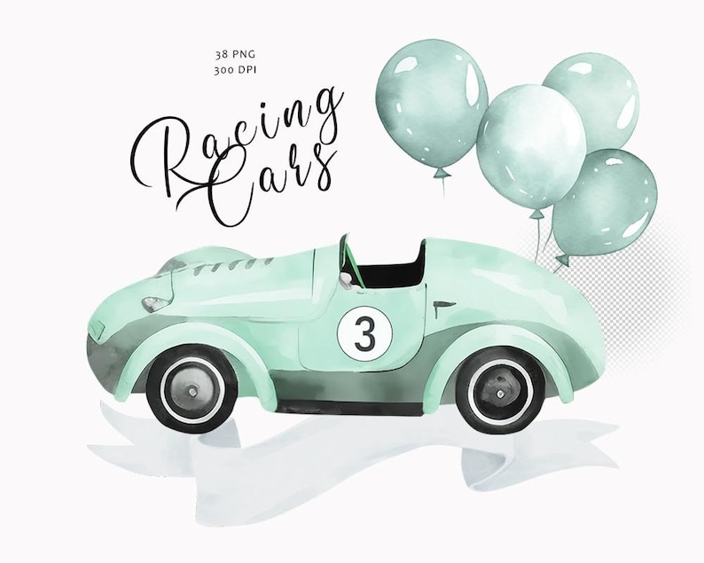 Watercolor cars clipart, Newborn baby boy, Nursery clipart, Baby decor, Nursery room clipart, Vintage racing cars clipart, Baby shower, PNG image 5