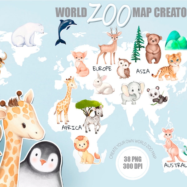 Animal World Map Creator, Watercolor Map Clipart, World Travel Map, Nursery Animals, Zoo, Woodland Animals Clipart, Safari, Childrens Map