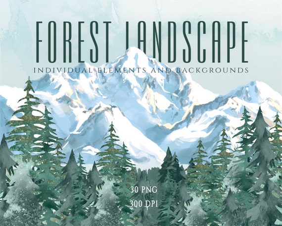 Trees Landscape Clipart, Watercolor Pine Trees, Mountain Clipart, Conifers Pine Trees Backgrounds, Winter Forest Clip Art, Snow Landscape